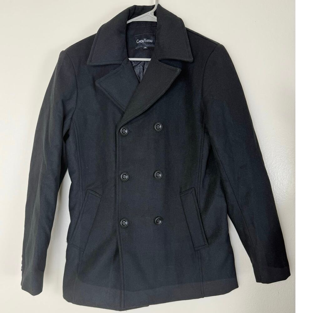 Chouyatou Men's Black Wool Blend Pea Coat - Size XS - Picture 2 of 10